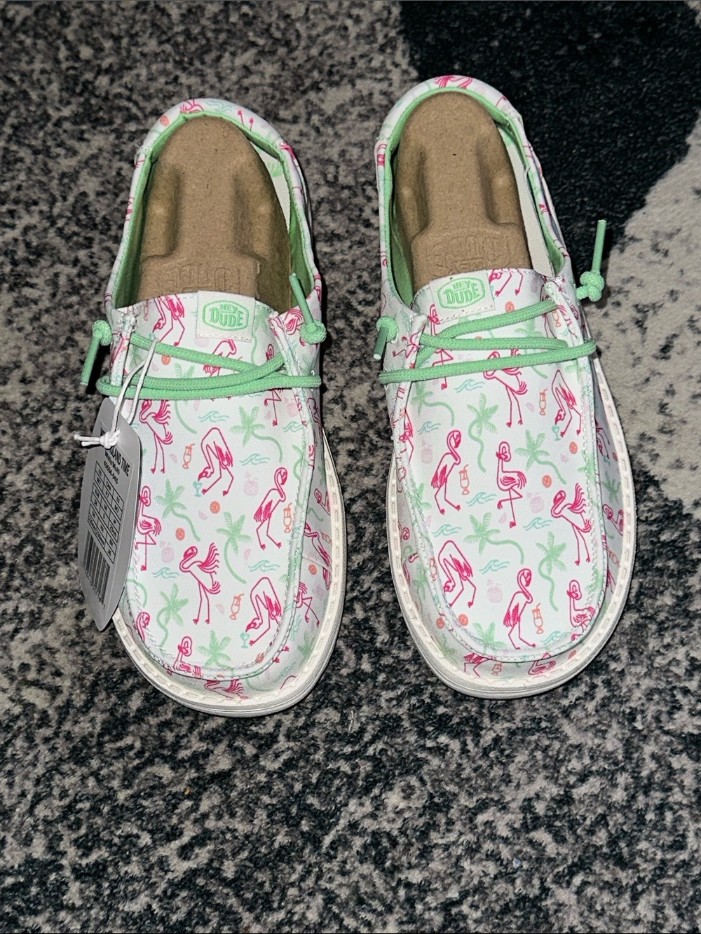 Hey Dude Women Slip-On Shoes in White with Pink Flamingo Print and Mint Accents